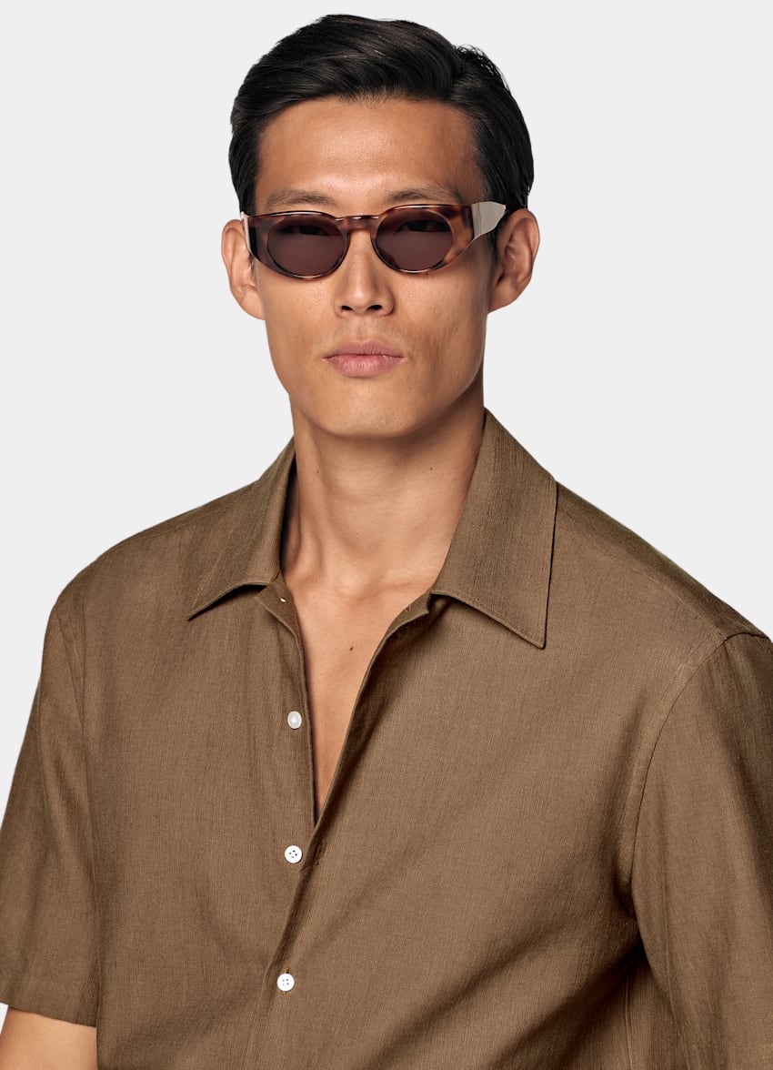 SUITSUPPLY Pure Cotton - Sidogras, Espagne Mid Brown Cotton Short Sleeve Shirt