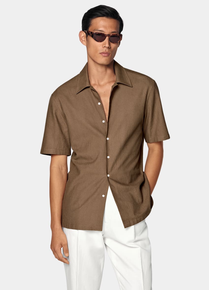 SUITSUPPLY Pure Cotton - Sidogras, Espagne Mid Brown Cotton Short Sleeve Shirt