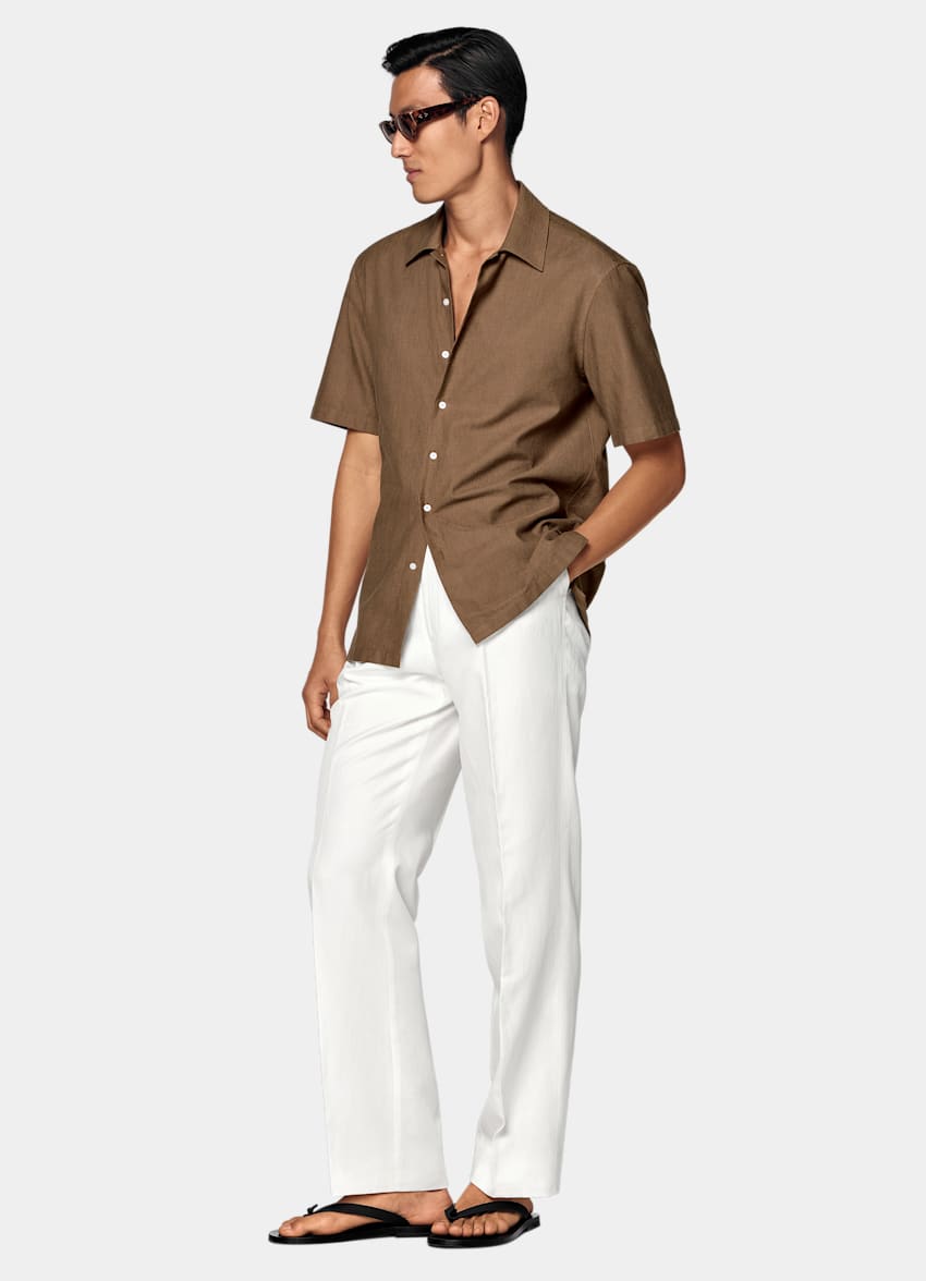 SUITSUPPLY Pure Cotton - Sidogras, Espagne Mid Brown Cotton Short Sleeve Shirt