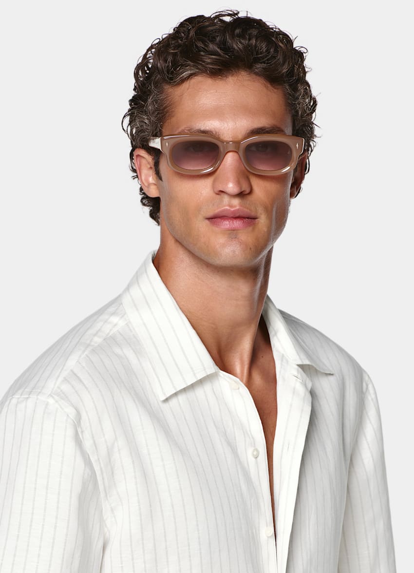 SUITSUPPLY Linen Lyocell - Testa 1919 Srl, Italie Light Grey Striped Linen Lyocell Short Sleeve Shirt