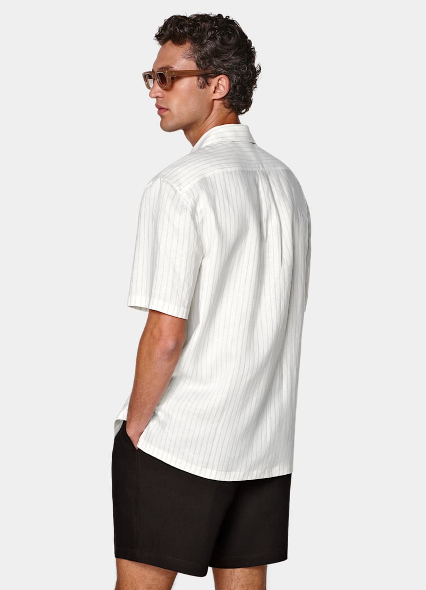 SUITSUPPLY Linen Lyocell - Testa 1919 Srl, Italie Light Grey Striped Linen Lyocell Short Sleeve Shirt