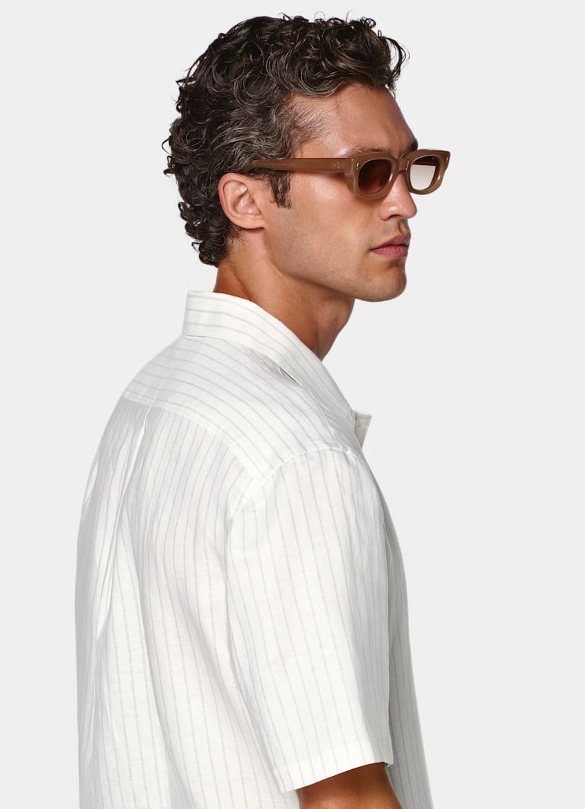 SUITSUPPLY Linen Lyocell - Testa 1919 Srl, Italie Light Grey Striped Linen Lyocell Short Sleeve Shirt