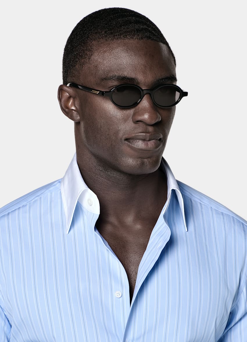 SUITSUPPLY Egyptian Cotton by Thomas Mason, Italy Light Blue Striped Point Collar Shirt