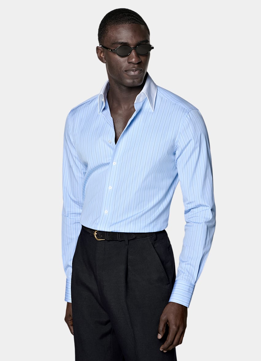 SUITSUPPLY Egyptian Cotton by Thomas Mason, Italy Light Blue Striped Point Collar Shirt