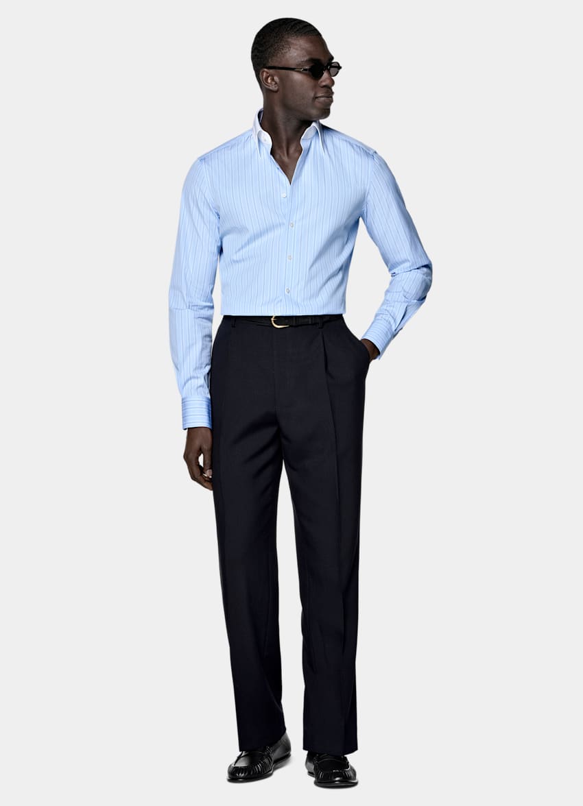 SUITSUPPLY Egyptian Cotton by Thomas Mason, Italy Light Blue Striped Point Collar Shirt