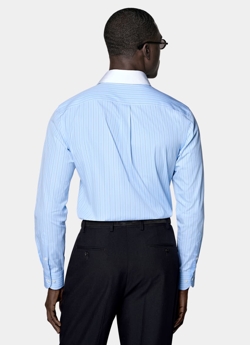 SUITSUPPLY Egyptian Cotton by Thomas Mason, Italy Light Blue Striped Point Collar Shirt