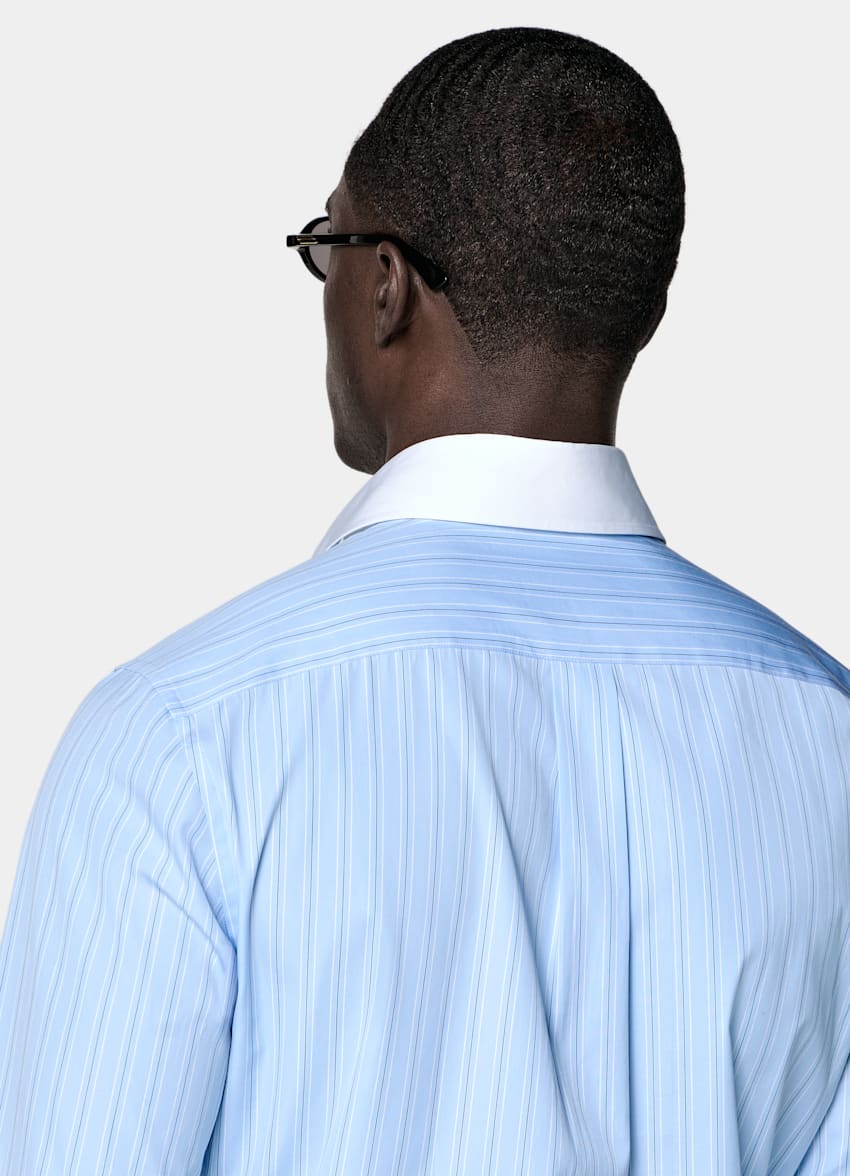 SUITSUPPLY Egyptian Cotton by Thomas Mason, Italy Light Blue Striped Point Collar Shirt