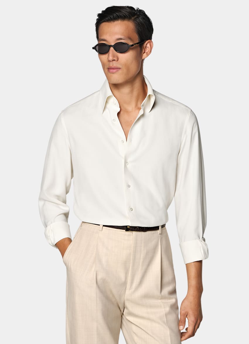 SUITSUPPLY Pure Silk by Beste, Italy Off-White Point Collar Shirt