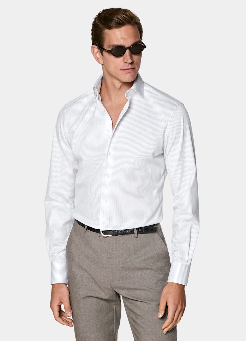 SUITSUPPLY Knitterfreie Pima-Baumwolle von Weba, Schweiz Hellgraues gestreiftes Hemd mit weit verbreitetem Kragen