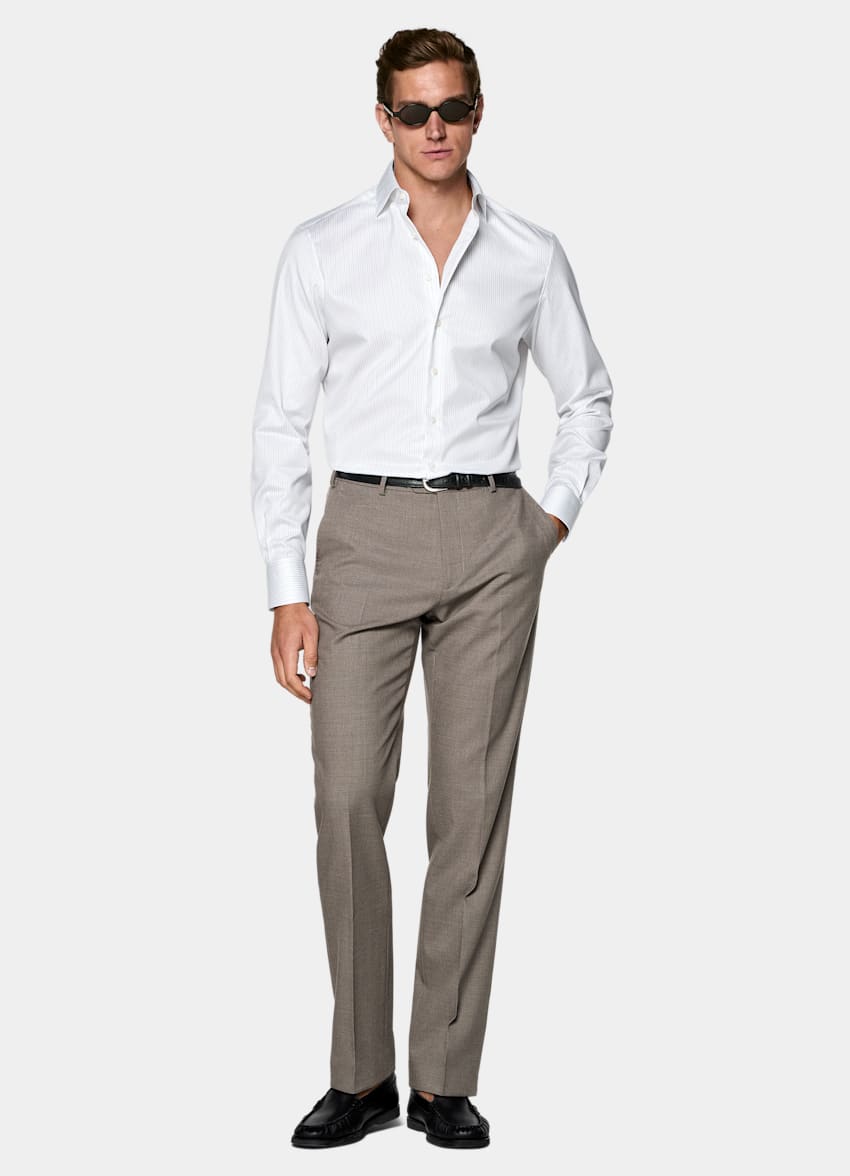 SUITSUPPLY Knitterfreie Pima-Baumwolle von Weba, Schweiz Hellgraues gestreiftes Hemd mit weit verbreitetem Kragen