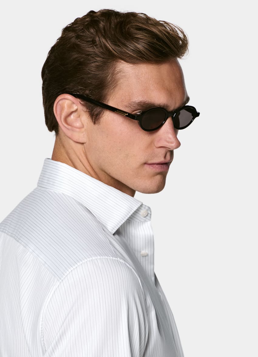 SUITSUPPLY Knitterfreie Pima-Baumwolle von Weba, Schweiz Hellgraues gestreiftes Hemd mit weit verbreitetem Kragen