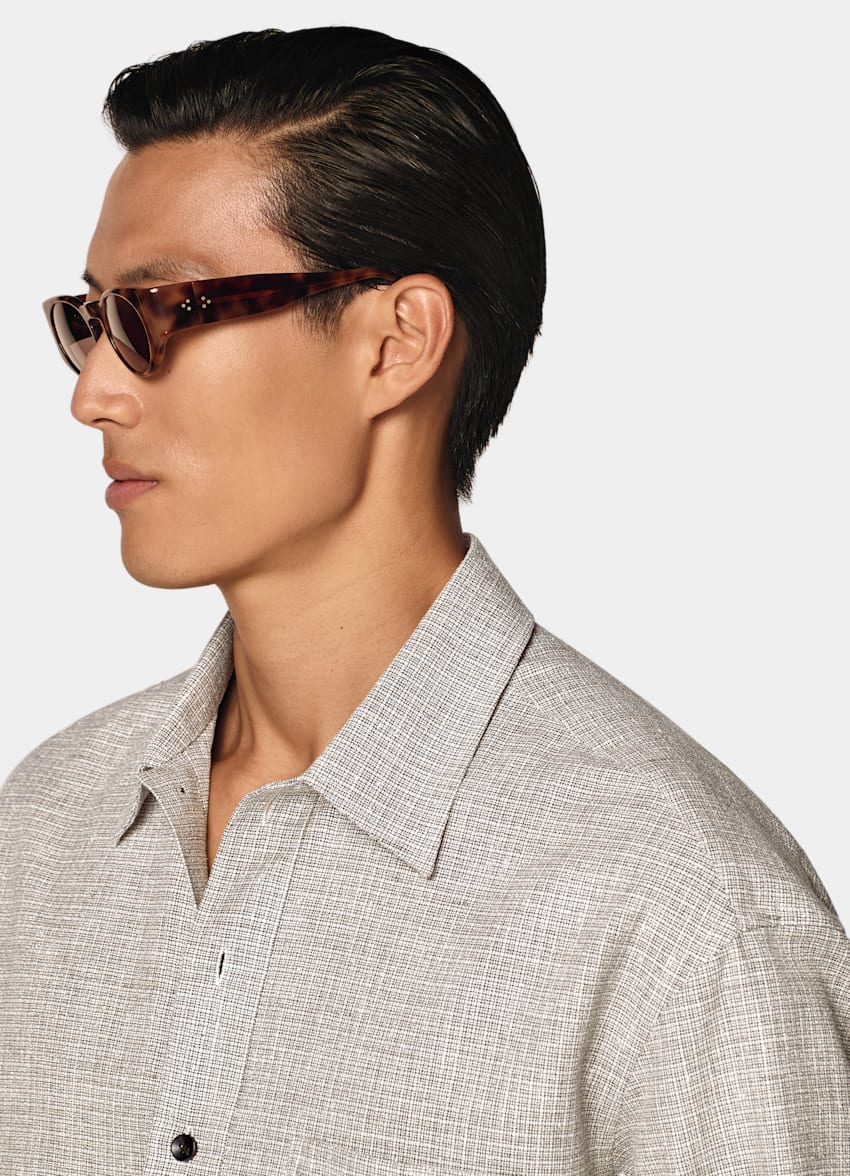 SUITSUPPLY Linen Cotton Blend by Ferla, Italy Mid Brown Checked Linen Cotton Blend Popover Shirt