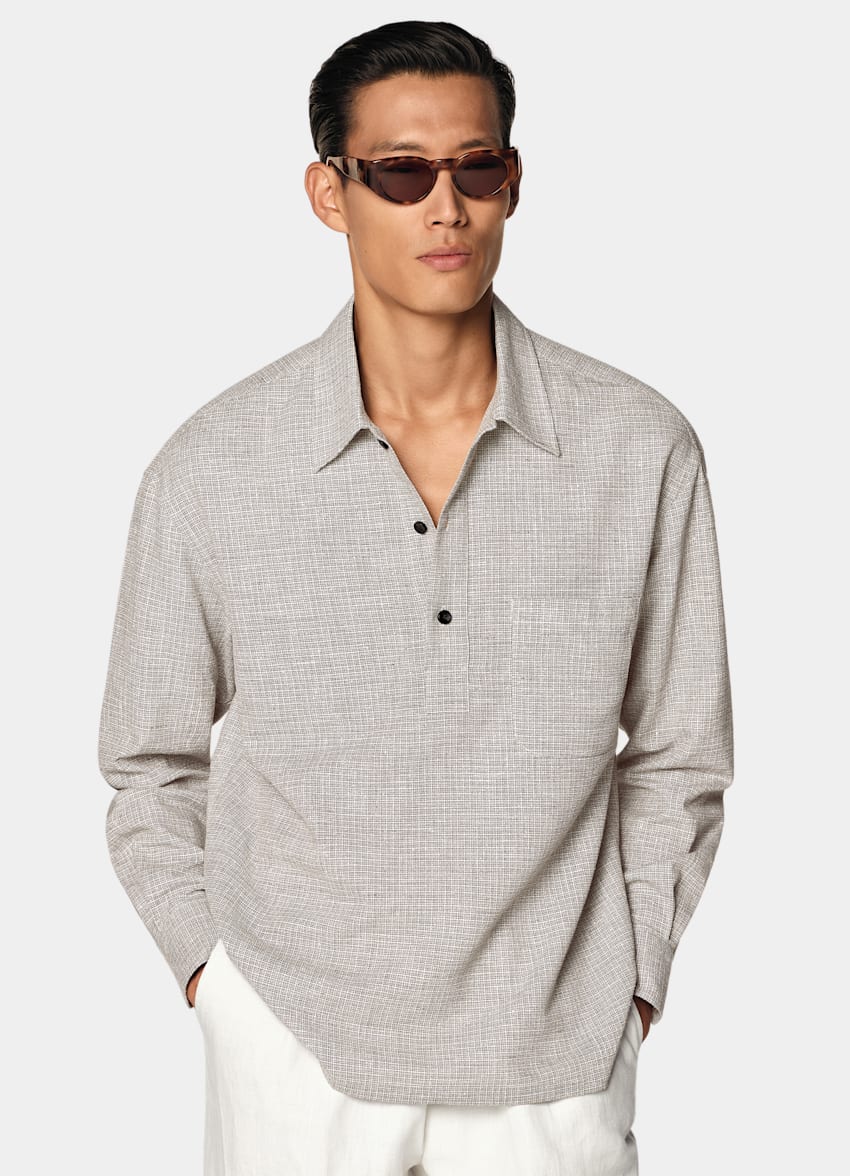 SUITSUPPLY Linen Cotton Blend by Ferla, Italy Mid Brown Checked Linen Cotton Blend Popover Shirt
