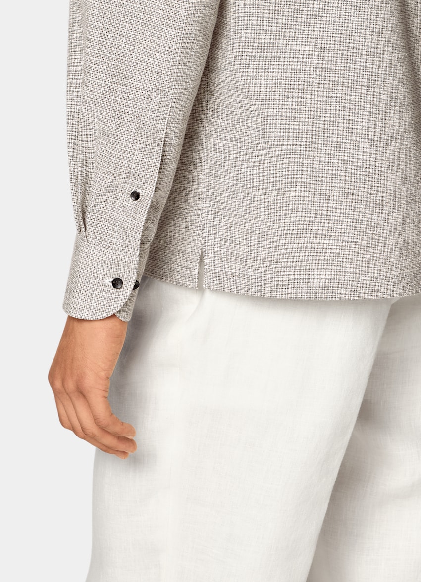 SUITSUPPLY Linen Cotton Blend by Ferla, Italy Mid Brown Checked Linen Cotton Blend Popover Shirt