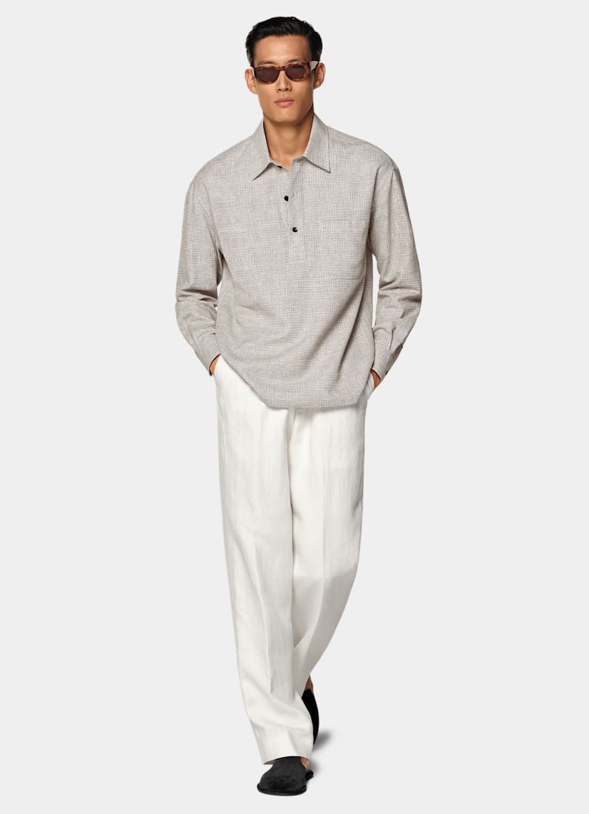 SUITSUPPLY Linen Cotton Blend by Ferla, Italy Mid Brown Checked Linen Cotton Blend Popover Shirt