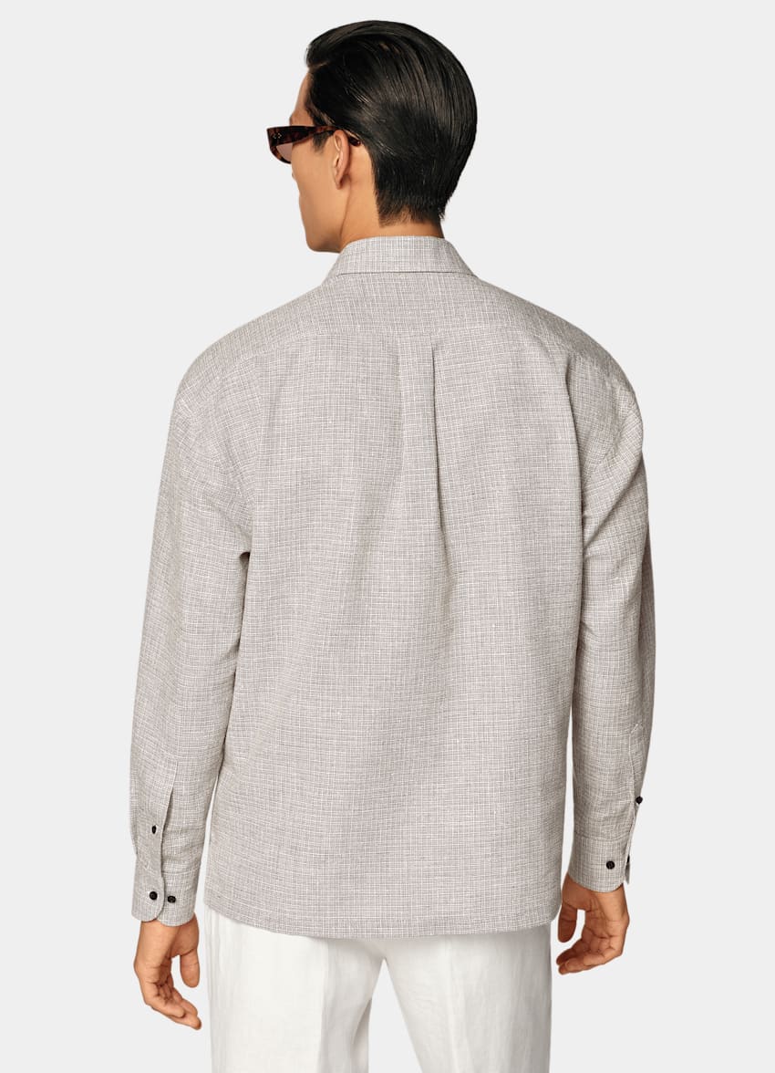 SUITSUPPLY Linen Cotton Blend by Ferla, Italy Mid Brown Checked Linen Cotton Blend Popover Shirt