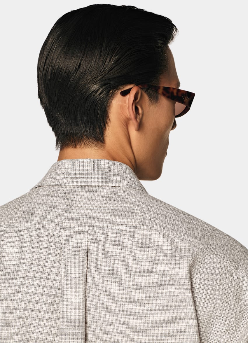 SUITSUPPLY Linen Cotton Blend by Ferla, Italy Mid Brown Checked Linen Cotton Blend Popover Shirt