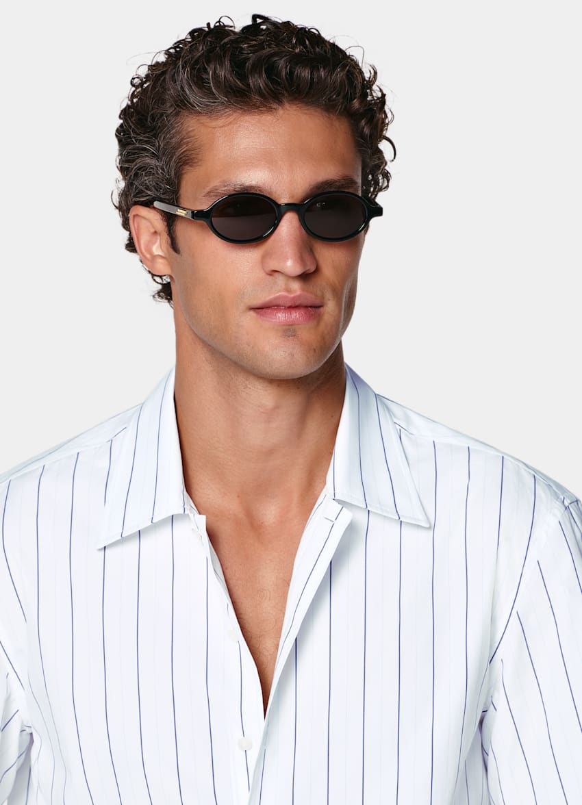 SUITSUPPLY Pure Cotton by Alfatex, Italy Mid Blue Striped Cotton Short Sleeve Shirt