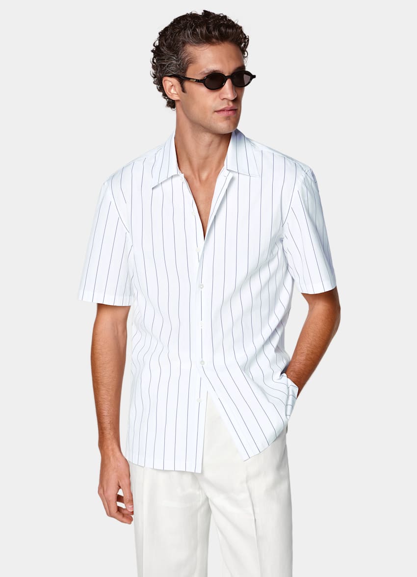 SUITSUPPLY Pure Cotton by Alfatex, Italy Mid Blue Striped Cotton Short Sleeve Shirt