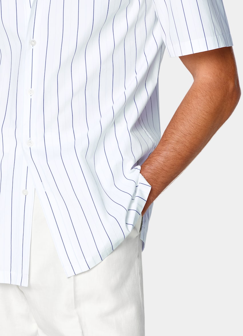 SUITSUPPLY Pure Cotton by Alfatex, Italy Mid Blue Striped Cotton Short Sleeve Shirt