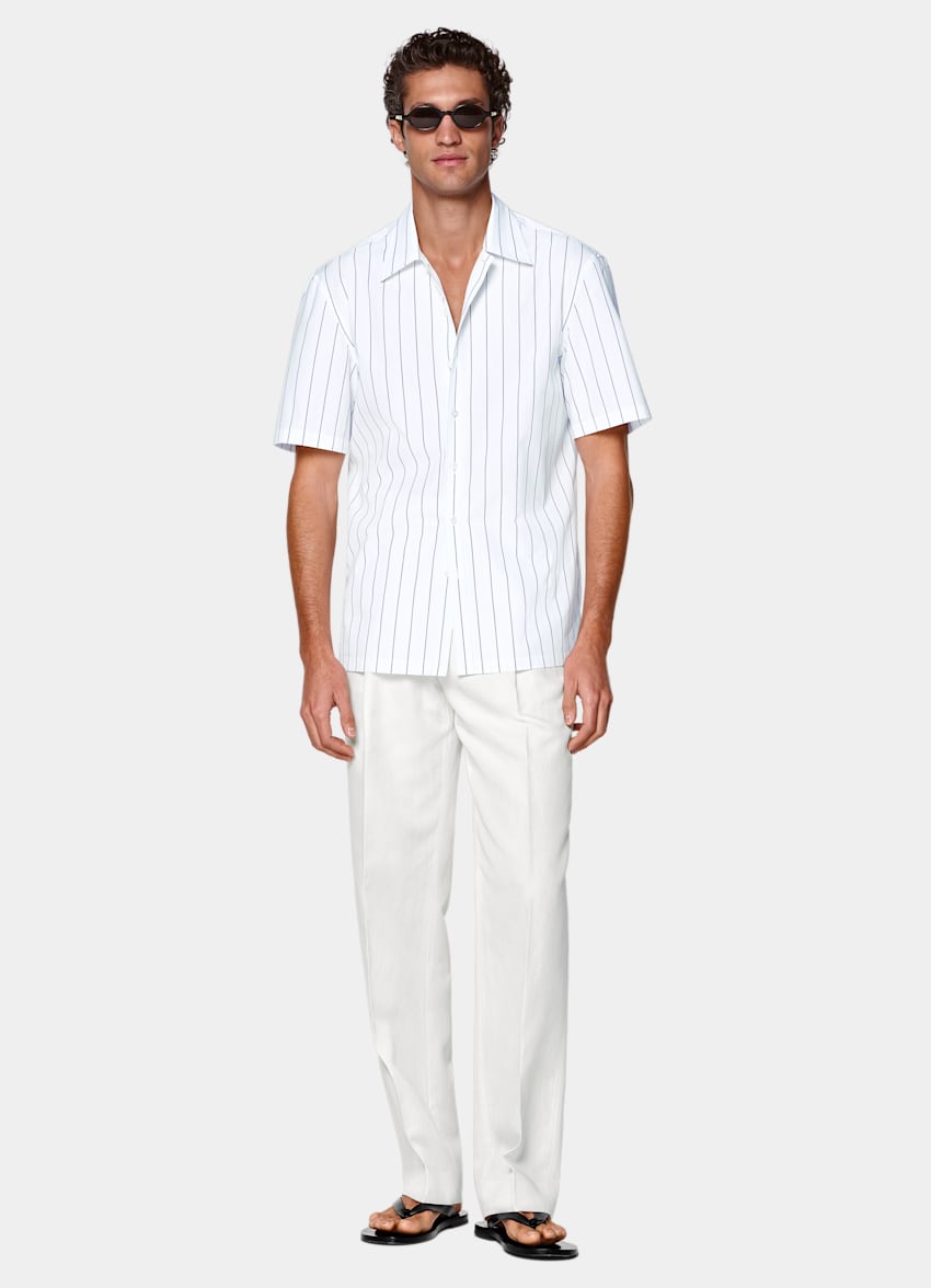 SUITSUPPLY Pure Cotton by Alfatex, Italy Mid Blue Striped Cotton Short Sleeve Shirt