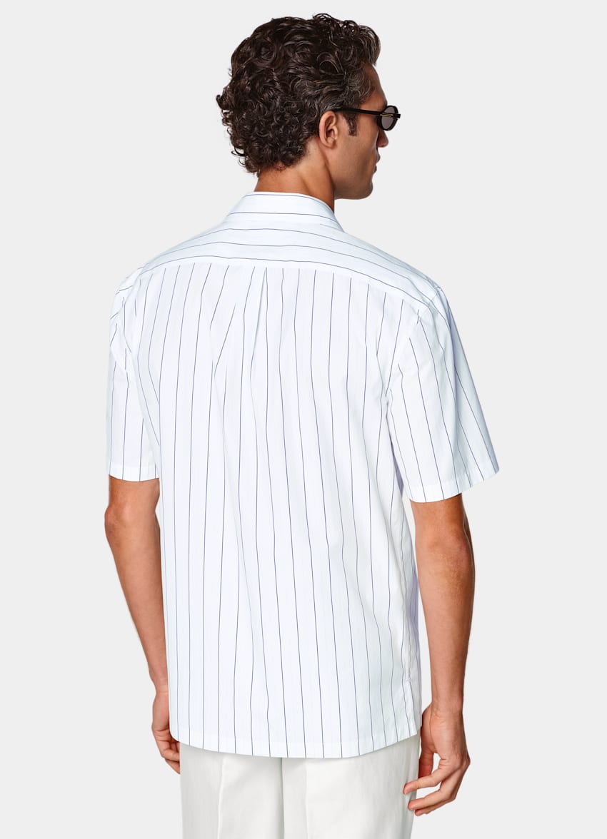 SUITSUPPLY Pure Cotton by Alfatex, Italy Mid Blue Striped Cotton Short Sleeve Shirt