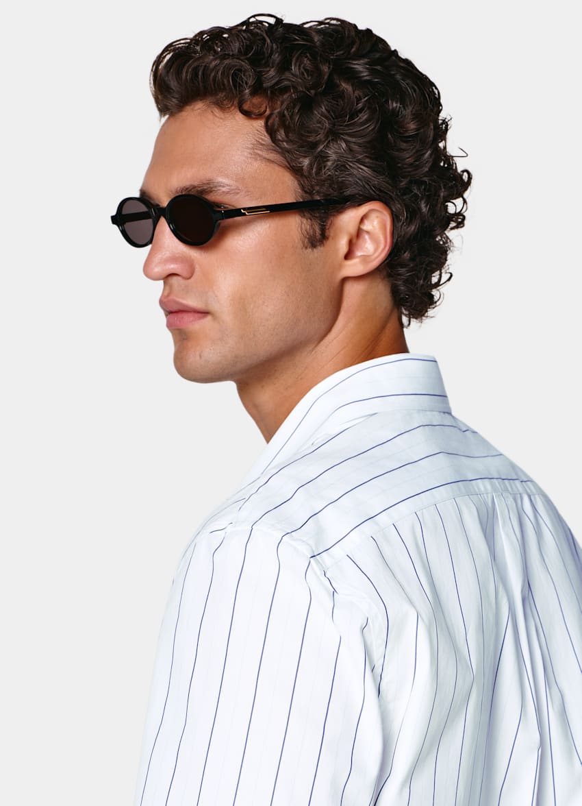 SUITSUPPLY Pure Cotton by Alfatex, Italy Mid Blue Striped Cotton Short Sleeve Shirt