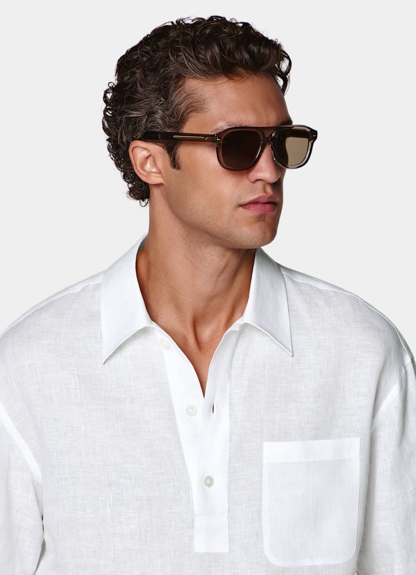 SUITSUPPLY 英国 Baird McNutt 生产的纯亚麻面料 白色亚麻套头衬衫 (Popover Shirt)