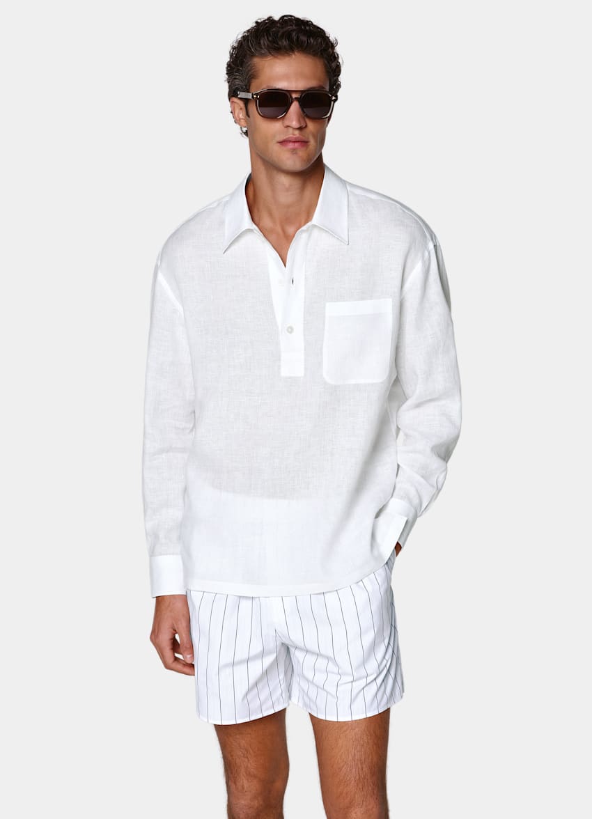 SUITSUPPLY 英国 Baird McNutt 生产的纯亚麻面料 白色亚麻套头衬衫 (Popover Shirt)