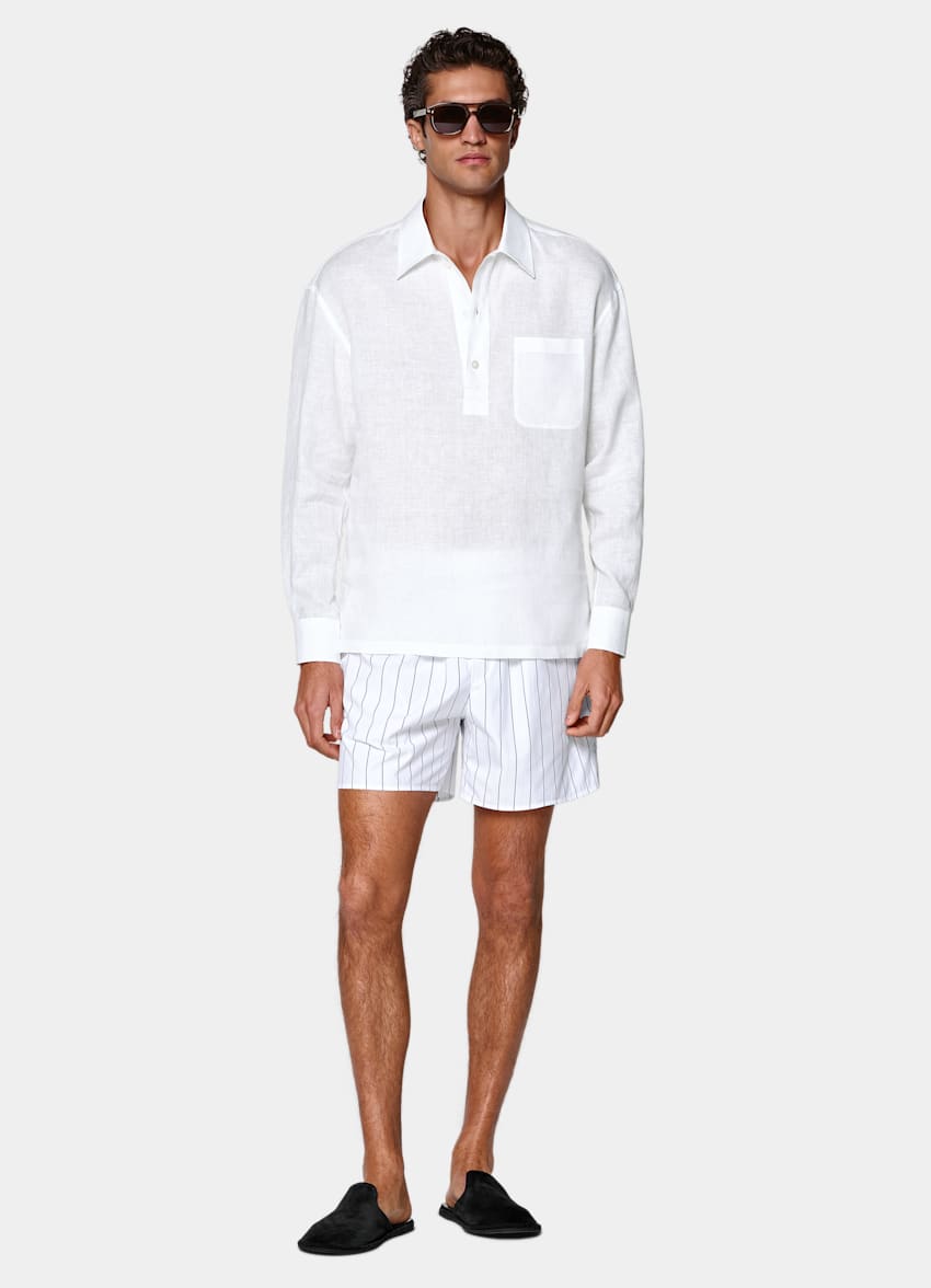 SUITSUPPLY 英国 Baird McNutt 生产的纯亚麻面料 白色亚麻套头衬衫 (Popover Shirt)