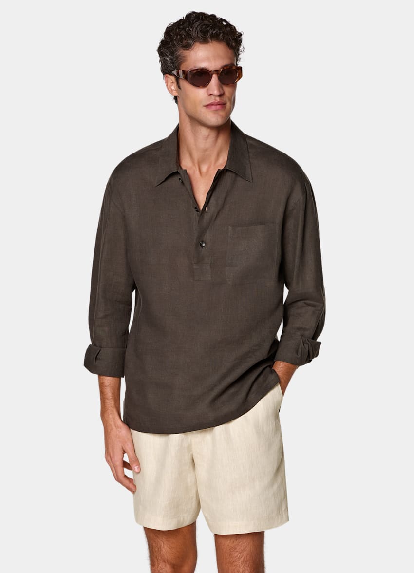 SUITSUPPLY Pure Linen by Baird McNutt, United Kingdom Dark Brown Linen Popover Shirt