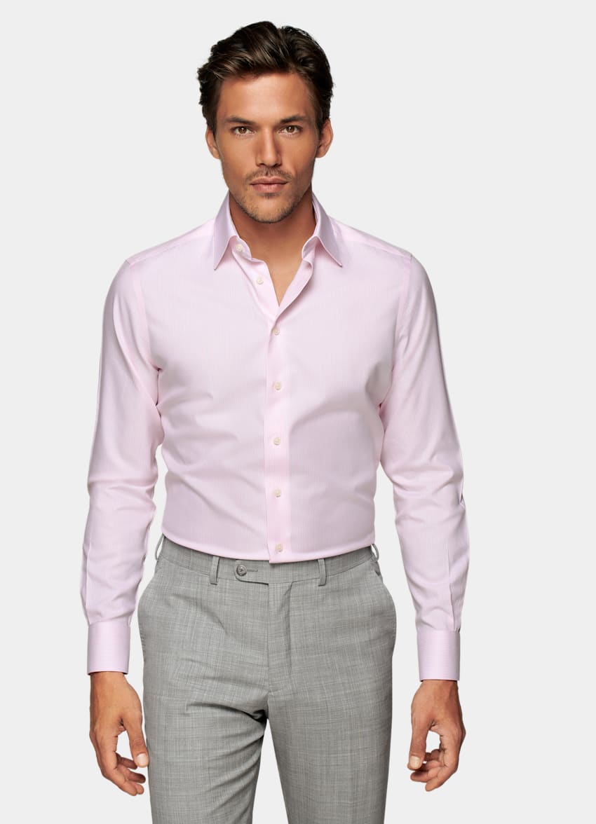 SUITSUPPLY Pure Cotton Traveller Pink Striped Oxford Slim Fit Shirt