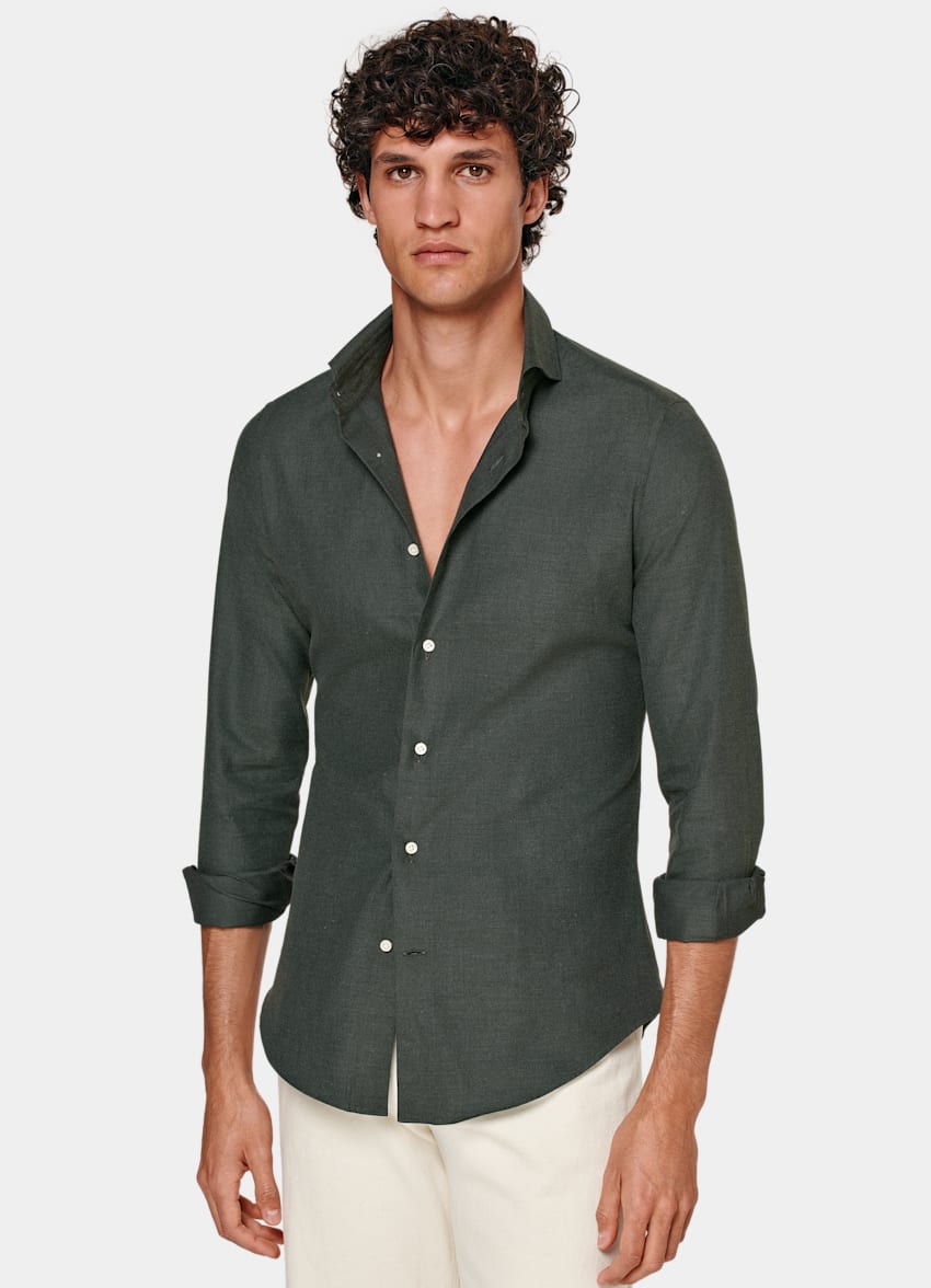 SUITSUPPLY Egyptian Cotton Flannel by Thomas Mason, Italy Green Slim Fit Shirt