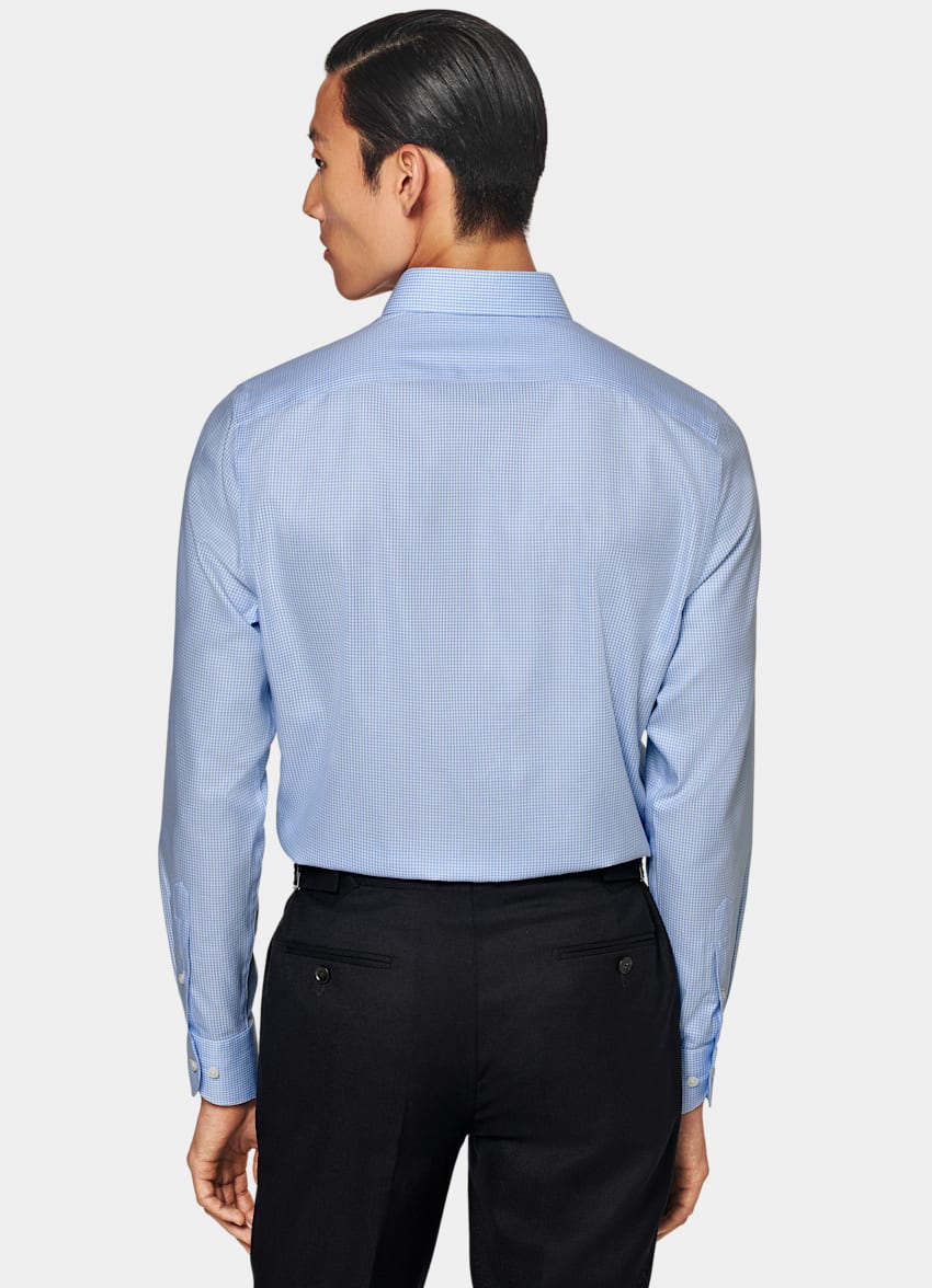Light Blue Checked Twill Slim Fit Shirt in Pure Cotton Traveller ...