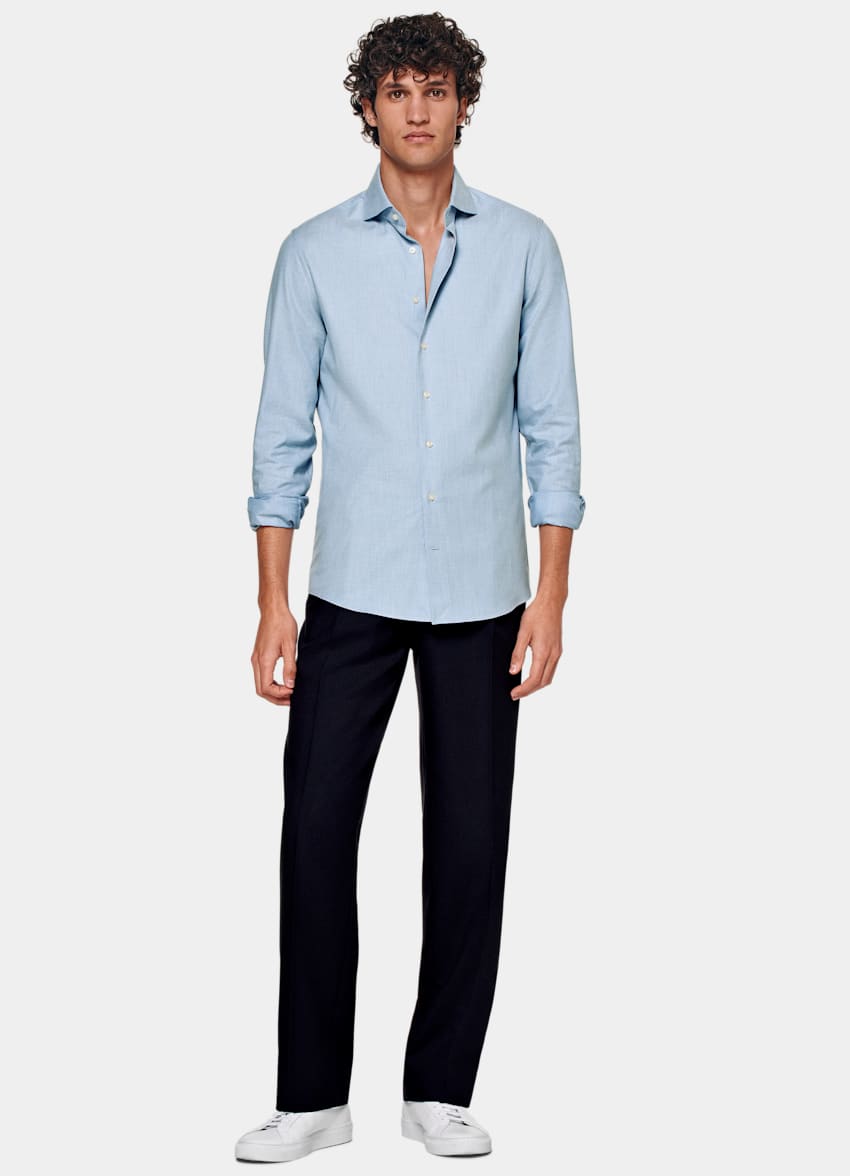 SUITSUPPLY Egyptian Cotton Flannel by Thomas Mason, Italy Light Blue Slim Fit Shirt