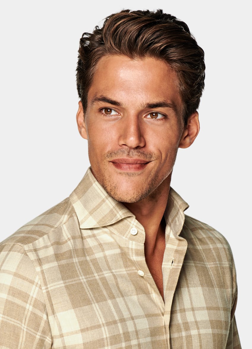 Light Brown Checked Twill Slim Fit Shirt Egyptian Cotton Flannel