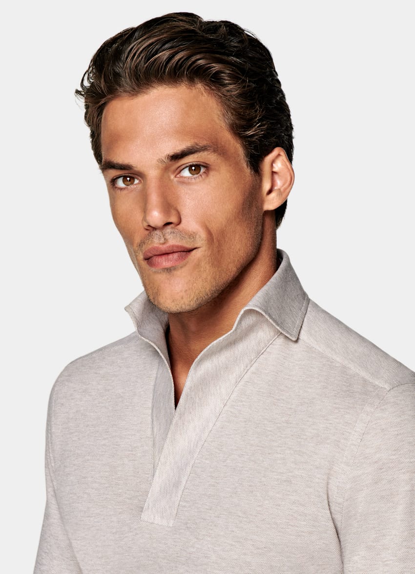 Light Brown Piqué Extra Slim Fit Popover in Knitted Egyptian Cotton