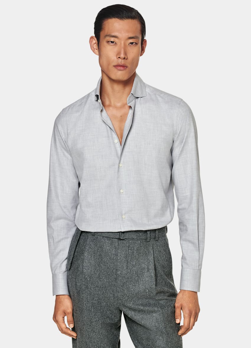 SUITSUPPLY 意大利 Thomas Mason 生产的埃及棉法兰绒面料 浅灰色特别修身衬衫