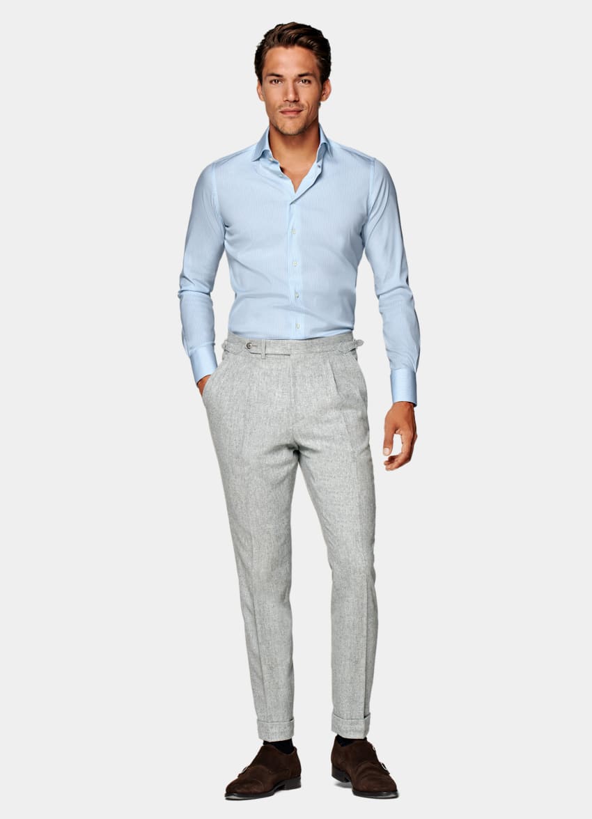 SUITSUPPLY Stretch Cotton Polyamide by Reggiani, Italy Light Blue Striped Extra Slim Fit Shirt