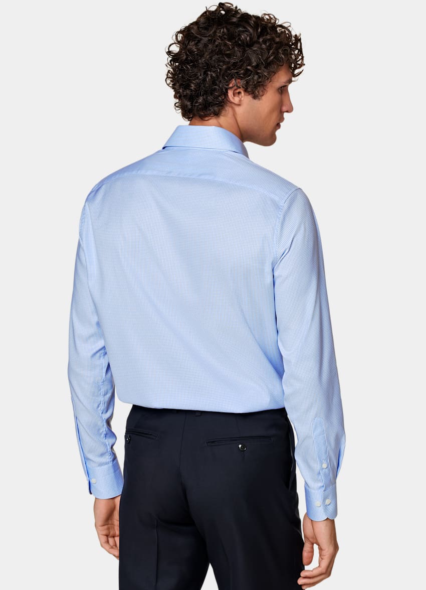 SUITSUPPLY Algodón egipcio Traveller de Weba, Suiza Camisa de sarga azul claro a cuadros corte Slim