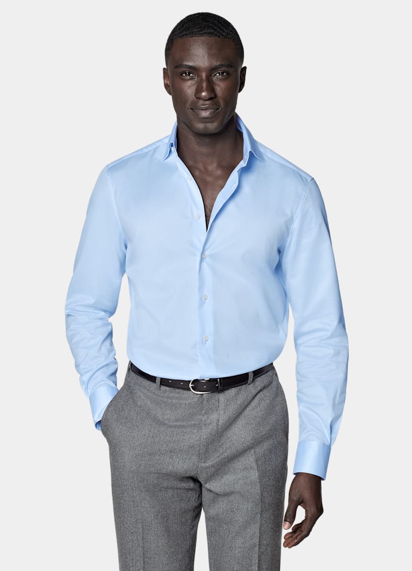 Camicia azzurra in twill tailored fit Cotone Traveller Pima SUITSUPPLY Italia