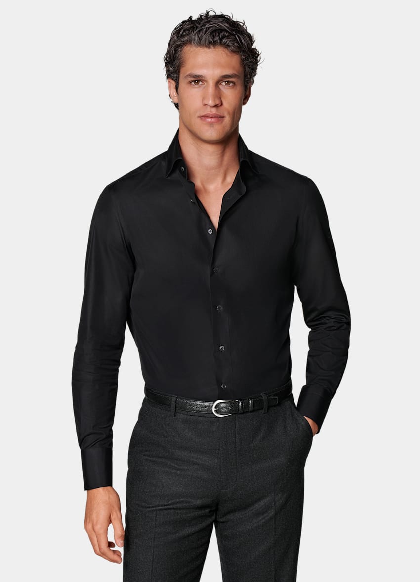 SUITSUPPLY Egyptian Cotton by Testa Spa, Italy Black Poplin Tailored Fit Shirt