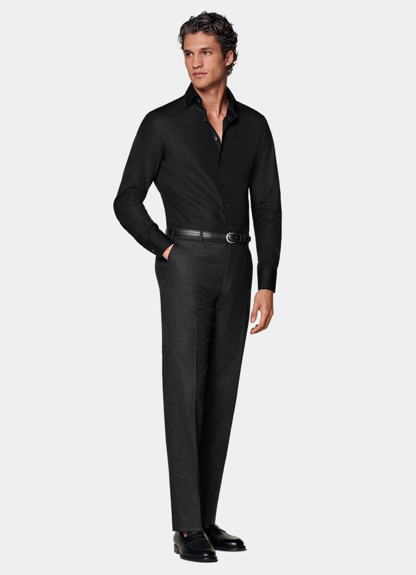 SUITSUPPLY Egyptian Cotton by Testa Spa, Italy Black Poplin Tailored Fit Shirt