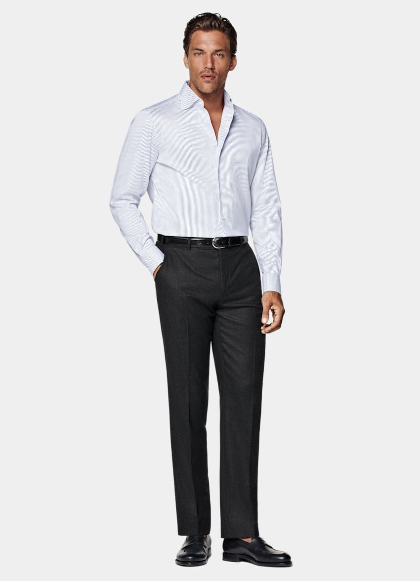 SUITSUPPLY Coton Pima Traveller - Weba, Suisse Chemise coupe Tailored en twill bleu marine à rayures