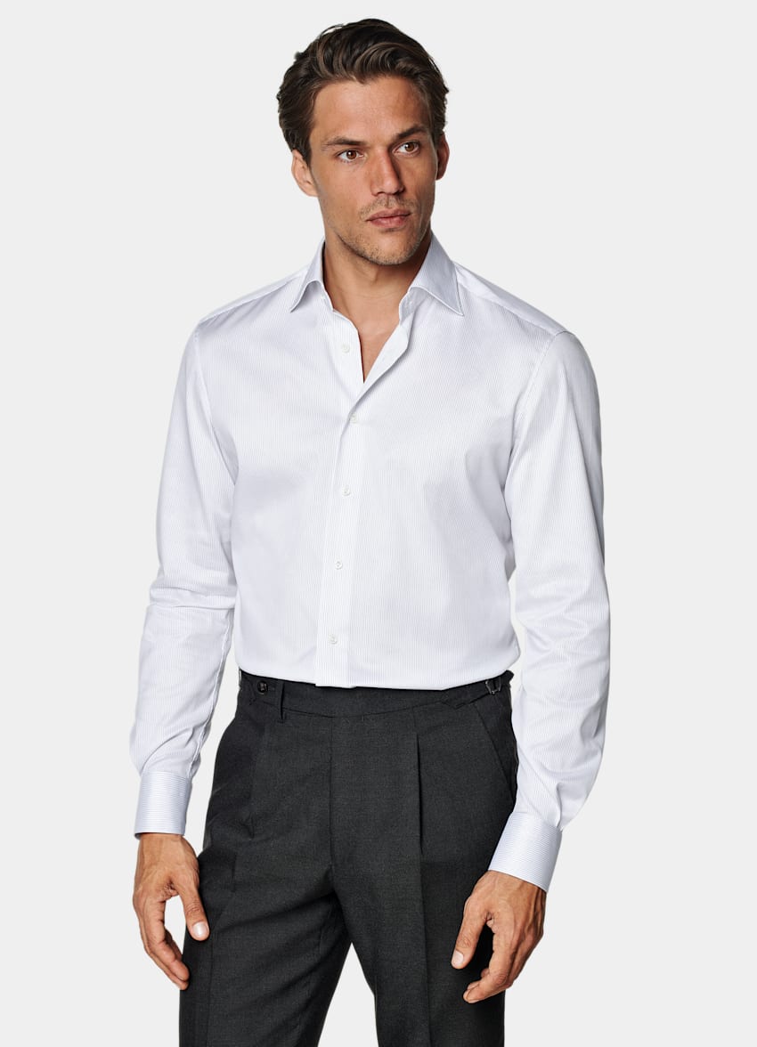 SUITSUPPLY Pima Cotton Traveller by Weba, Switzerland White Striped Twill Tailored Fit Shirt