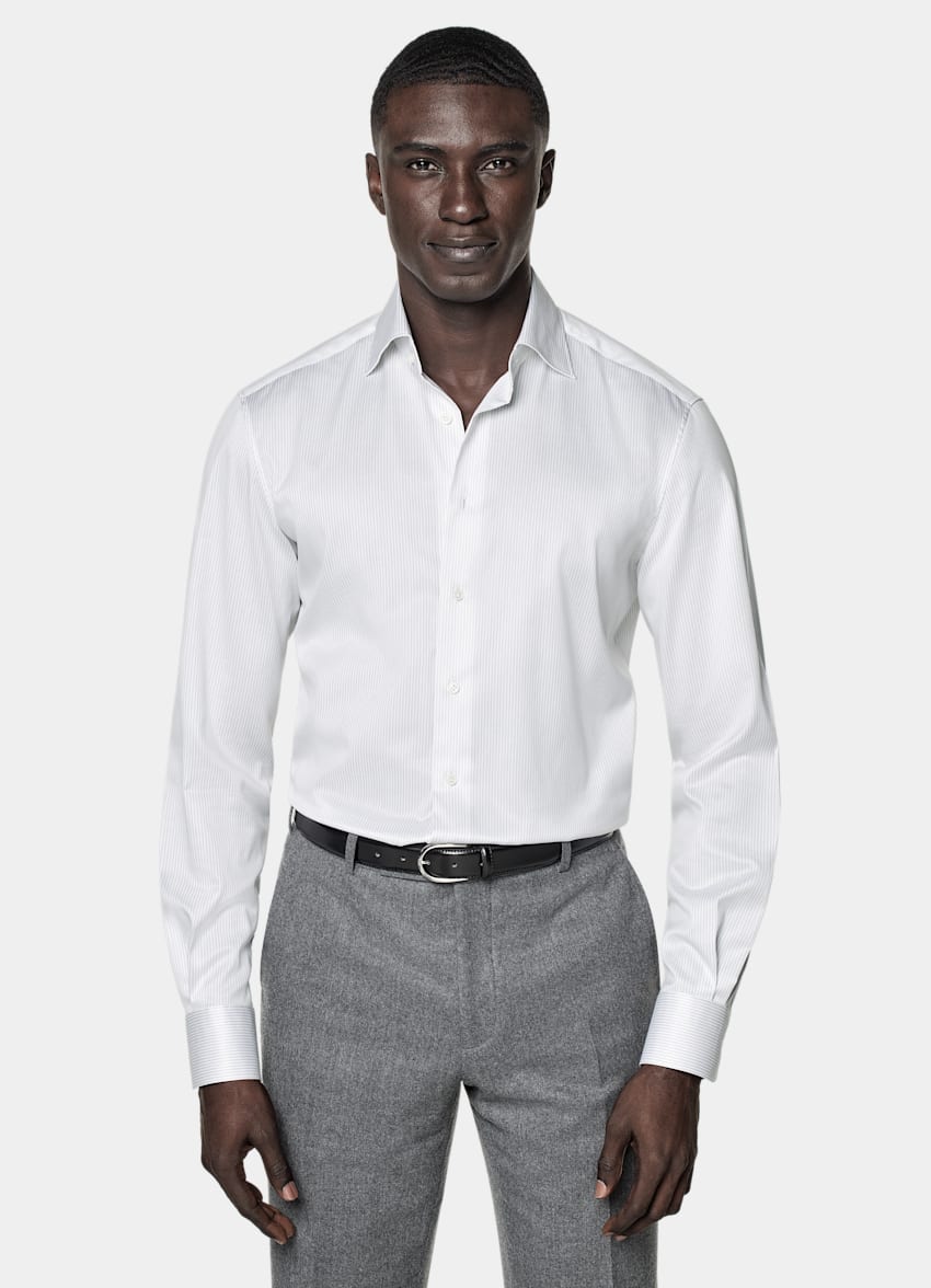 SUITSUPPLY Coton Pima Traveller - Weba, Suisse Chemise coupe Tailored en twill grise à rayures