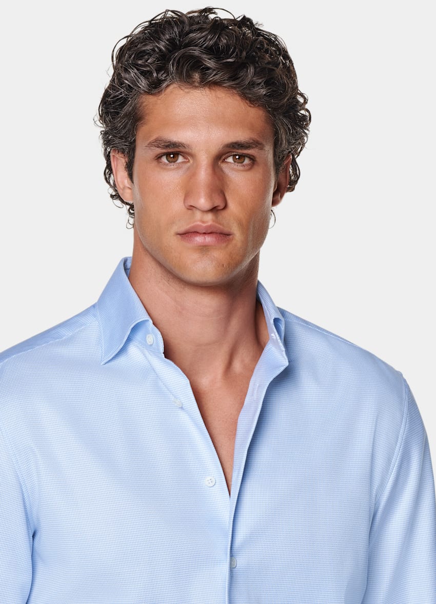 SUITSUPPLY Coton Pima Traveller - Weba, Suisse Chemise coupe Tailored bleu clair pied-de-poule