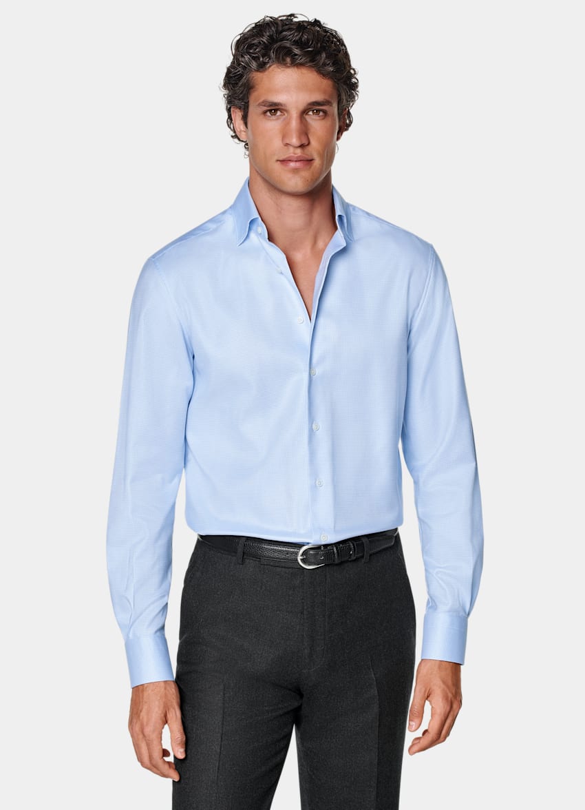 SUITSUPPLY Algodón Pima Traveller de Weba, Suiza Camisa azul claro pata de gallo corte Tailored