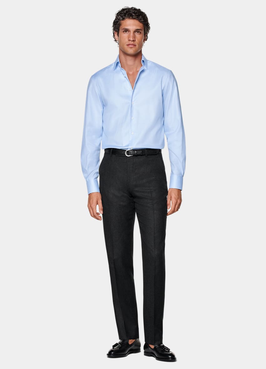 SUITSUPPLY Coton Pima Traveller - Weba, Suisse Chemise coupe Tailored bleu clair pied-de-poule