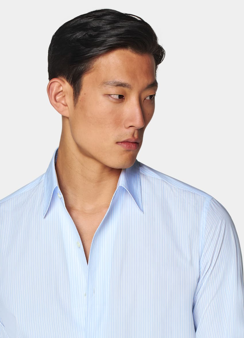 SUITSUPPLY 意大利 Albini 生产的埃及棉面料 Light Blue Striped Classic Collar One Piece Tailored Fit Shirt